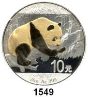AUSLÄNDISCHE MÜNZEN,China Volksrepublik seit 1949 10 Yuan 2016 (Silberunze, Motivteile vergoldet).  Panda vor Bambus auf Ast.