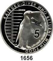 AUSLÄNDISCHE MÜNZEN,Neuseeland  5 Dollars 2014 (Silberunze).  Urzeit Pinguin Kairuku.  Im Originaletui mit Zertifikat.