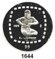 AUSLÄNDISCHE MÜNZEN,Mexiko  5 Pesos 1996.  (Silberunze).  Präkolumbische Hochkultur - Basaltfigur des Ringkämpfers von Uxpanapa.  Schön 198.  KM 597.  Im Originaletui mit Zertifikat.