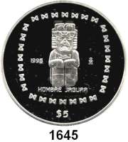 AUSLÄNDISCHE MÜNZEN,Mexiko  5 Pesos 1996.  (Silberunze).  Präkolumbische Hochkultur - Skulptur eines Jaguarmenschen.  Schön 199.  KM 596.  Im Originaletui.