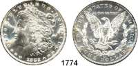 AUSLÄNDISCHE MÜNZEN,U S A  Morgan Dollar 1882 CC, Carson City.  Kahnt/Schön 78.  KM 110.  Im Plastikrahmen (ANACS MS 64).  Im Etui mit Zertifikat.