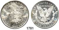 AUSLÄNDISCHE MÜNZEN,U S A  Morgan Dollar 1885 CC, Carson City.  Kahnt/Schön 78.  KM 110.  Im Plastikrahmen (NGC MS 64).  Im Etui mit Zertifikat.