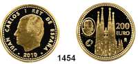 AUSLÄNDISCHE MÜNZEN,E U R O  -  P R Ä G U N G E N Spanien 200 Euro 2010.  (13,5g fein).  Spanische Architektur - Kathedrale de la Sagrada Familia.  Schön 475.  KM 1170.  Im Originaletui mit Zertifikat.  GOLD.