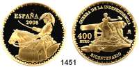 AUSLÄNDISCHE MÜNZEN,E U R O  -  P R Ä G U N G E N Spanien 400 Euro 2008.  (27g fein).  200. Jahrestag des Spanischen Unabhängigkeitskrieges - Jose Rebolledo de Palafox y Melci, Herzog von Zaragoza.  Schön 441.  KM 1197.  Fb. 420.  Im Originaletui mit Zertifikat.  GOLD.