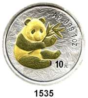 AUSLÄNDISCHE MÜNZEN,China Volksrepublik seit 1949 10 Yuan 2000 (Silberunze, Panda vergoldet).  Panda mit Bambuszweig.  Schön 1226.  KM 1352.  In Kapsel.