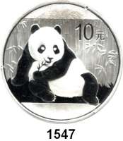 AUSLÄNDISCHE MÜNZEN,China Volksrepublik seit 1949 10 Yuan 2015 (Silberunze).  Panda vor Bambus.  In Kapsel.