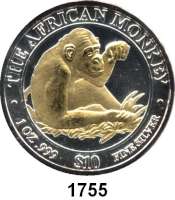 AUSLÄNDISCHE MÜNZEN,Somalia  10 Dollars 2002.  (Silberunze, Motivteile vergoldet).  Affe.