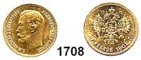 AUSLÄNDISCHE MÜNZEN,Russland Nikolaus II. 1894 - 1917 5 Rubel 1902, Sankt Petersburg (3,87g fein).  Bitkin 29.  Schön 14.  Y. 62.  Fb. 180.  GOLD.