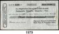 P A P I E R G E L D - N O T G E L D,Sachsen Meerane Allgemeine Deutsche Credit-Anstalt, Filiale Franz H. Moeschlers Söhne. Scheck auf ADCA, Zweigstelle Gössnitz (Thür.). 100.000 Mark 27.7.1923. Bühn 4951.21. Nicht im Keller.