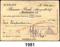 P A P I E R G E L D - N O T G E L D,Sachsen Reichenbach Plauener Bank Aktiengesellschaft. Postkarten-Eigenscheck. 5 Millionen Mark o.D. Bühn 6223.1.a. Nicht im Keller. Zu Keller 4499.
