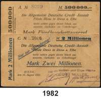 P A P I E R G E L D - N O T G E L D,Sachsen Riesa Allgemeine Deutsche Credit-Anstalt. Kundenschecks. Aussteller Hafen-Hobel- und Säge-Werke, Georg Müller, 500.000 Mark und 2 Millionen Mark 15.8.1923. Bühn 6261.AK.1.b., 5.b. Keller 4575.c.H. LOT. 2 Scheine.
