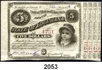 P A P I E R G E L D,AUSLÄNDISCHES  PAPIERGELD U.S.A. 1 Silberdollar 1923.  1 und 10 Dollar Militärgeld 1946.  Pick 342, M 5 a, M:7 a.  Nicht eingelöster AMEXCO-Scheck über 10 Dollar.  State of Louisiana,  5 Dollar 1870.  