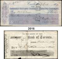P A P I E R G E L D,AUSLÄNDISCHES  PAPIERGELD Großbritannien Carlisle City and District Banking Company.  Drei Schecks des gleichen Ausstellers aus den Jahren 1866, 1869 und 1871 zu Beträgen über 8 Pfund-1 Shilling-6 Pence, 7 Pfund-1 Shilling 6 Pence und 300 Pfund.  Dazu ein Scheck vom 5.2.1866 über 19,49 Dollars, ausgestellt auf die Bank of Toronto.  LOT. 4 Stück.
