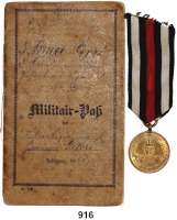 Orden, Ehrenzeichen, Militaria, Zeitgeschichte,Deutschland Preussen Militärpaß eines Unteroffiziers vom 3. Brandenburgischen Infanterie-Rgt. No. 20. aus Potsdam. 11 Gefechte und eine Verwundung eingetragen sowie die Kriegsdenkmünze 1870/71. Diese am Band beiliegend.