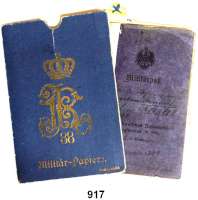 Orden, Ehrenzeichen, Militaria, Zeitgeschichte,Deutschland Preussen Militärpaß eines Unteroffiziers des Nassauischen Infanterie-Rgt. No. 88 in Mainz. Dienstzeit 1898-1900 und 1914-1918. Mit dekorativer goldbeprägter Hülle.