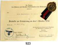 Orden, Ehrenzeichen, Militaria, Zeitgeschichte,Deutschland Drittes Reich Sudetenmedaille am Band.  Mit Verleihungsurkunde vom 11. März 1941.