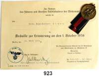 Orden, Ehrenzeichen, Militaria, Zeitgeschichte,Deutschland Drittes Reich Sudetenmedaille am Band. Mit Verleihungsurkunde vom 11. März 1941.