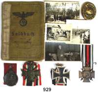 Orden, Ehrenzeichen, Militaria, Zeitgeschichte,Deutschland Drittes Reich Soldbuch der Infanterie. Mit eingetragenen Auszeichnungen (diese beigegeben). EK II., Kriegsverdienstkreuz 2. Klasse mit Schwertern; Verwundetenabzeichen in Schwarz; bei diesen drei Orden ist jeweils das Hakenkreuz entfernt; Medaille für die Winterschlacht und Kriegsteilnehmerkreuz 1914/18.