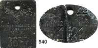 Orden, Ehrenzeichen, Militaria, Zeitgeschichte,Zeitgeschichte - Militaria Zwei Zinkmarken der Erprobungsstelle der Luftwaffe Rechlin/Mecklenburg. Werkzeugmarke (mit restauriertem Bruch) und Marke mit Nr. 3672. 49 x 33 und 31 x 41 mm. Jeweils gelocht.