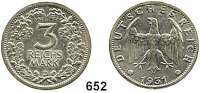 R E I C H S M Ü N Z E N,Weimarer Republik  3 Reichsmark 1931 D.  Jaeger 349.  Kursmünze.
