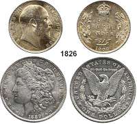 AUSLÄNDISCHE MÜNZEN,L O T S L O T S L O T S 15 Silbermünzen aus Übersee. Zusammen 326 Gramm (brutto). Darunter Indien, Rupie 1906; U.S.A., Dollar 1889. Beigegeben 11 unedle Münzen aus aller Welt. LOT. 26 Stück.