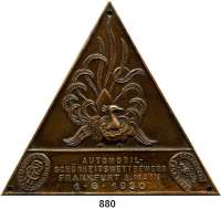 M E D A I L L E N,Automobile / Motorsport Frankfurt am Main,. Einseitige dreieckige Plakette mit drei Schraublöchern 1930 (C. Poellath, Schrobenhausen). Automobil-Schönheitswettbewerb. Frankfurter Automobilclub und Rennklub Frankfurt a. M. 95 x 95 mm. 81,8 g.