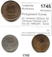 AUSLÄNDISCHE MÜNZEN,Portugiesisch Guinea  20 Centavos 1933(vz); 50 Centavos 1933(ss) und 1 Escudo 1946(prfr).  Schön 3, 4, 7.  KM 3, 4, 7.  LOT. 3 Stück.