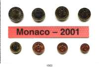 AUSLÄNDISCHE MÜNZEN,E U R O  -  P R Ä G U N G E N Monaco Münzsatz 2001.  Cent bis 2 Euro.  SATZ. 8 Stück.