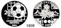 AUSLÄNDISCHE MÜNZEN,Schweiz Eidgenossenschaft 20 Franken 2004.  100 Jahre Internationaler Fußballverband.  Schön 107.  KM 121.