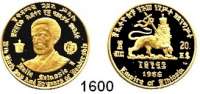 AUSLÄNDISCHE MÜNZEN,Äthiopien  20 Dollars 1966.  (7,2g fein).  75. Geburtstag und 50. Jahrestag der Thronbesteigung von Kaiser Haile Selassie.  Schön 35.  KM 39.  Fb. 33.  GOLD.