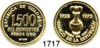 AUSLÄNDISCHE MÜNZEN,Kolumbien Republik seit 1886 1500 Pesos 1973 (17,19 g fein).  50 Jahre Goldmuseum der Zentralbank.  Schön 82.  KM 255.  Fb. 132.