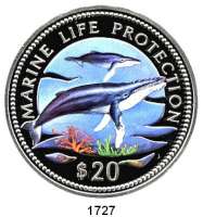AUSLÄNDISCHE MÜNZEN,Namibia  20 Dollars 1998 (5 Unzen Silber, Farbmünze).  Schutz der Meeresfauna - Buckelwal.  Schön 18.  KM 14.  Im Originaletui mit Zertifikat.