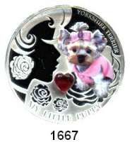 AUSLÄNDISCHE MÜNZEN,Fidschi Elisabeth II. 1952 - 2022 2 Dollars 2013 (Silberunze).  My Little Puppy Yorkshire Terrier.  Farbmünze mit herzförmigen Glasstein.  KM 338.  Im Originaletui mit Zertifikat.