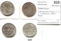R E I C H S M Ü N Z E N,Drittes Reich  2 Reichsmark 1936 D, E, G, J.  Hindenburg.  LOT. 4 Stück.