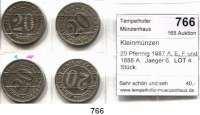 R E I C H S M Ü N Z E N,Kleinmünzen  20 Pfennig 1887 A, E, F und 1888 A.  Jaeger 6.  LOT. 4 Stück.
