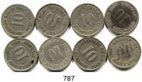 R E I C H S M Ü N Z E N,Kleinmünzen  10 Pfennig 1892 F; 1896 G; 1901 G, J; 1902 G; 1903 G, J; 1904 G.  LOT. 8 Stück.