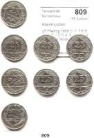R E I C H S M Ü N Z E N,Kleinmünzen  25 Pfennig 1909 D, F; 1910 A, D, E; 1911 A, E und 1912 A.  LOT. 8 Stück.