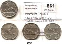 R E I C H S M Ü N Z E N,Weimarer Republik  1 Mark 1924 A, D, F und 1925 D.  Jaeger 311.  LOT. 4 Stück.