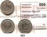 R E I C H S M Ü N Z E N,Weimarer Republik  1 Reichsmark 1925 A; 1926 A und G.  Jaeger 319.  LOT. 3 Stück.