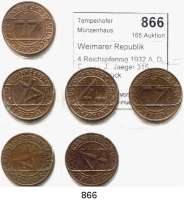 R E I C H S M Ü N Z E N,Weimarer Republik  4 Reichspfennig 1932 A, D, E, F, G, J.  Jaeger 315.  SATZ. 6 Stück.
