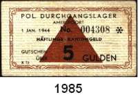 P A P I E R G E L D,L A G E R G E L D Amersfoort Pol. Durchgangslager.  Häftlingskantinengeld.  5 Gulden 1.1.1944.  Grab. Af 5 a.