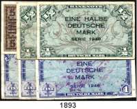 P A P I E R G E L D,BUNDESREPUBLIK DEUTSCHLAND  1/2 Deutsche Mark(2) und 1 Deutsche Mark(3) 1948.  Ros. WBZ-1, 2.  Beigegeben 5 Karbowanez 10.3.1942.  Ros. ZWK-49.  LOT. 6 Scheine.