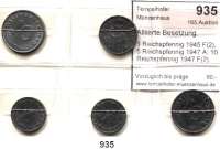 R E I C H S M Ü N Z E N,Alliierte Besetzung  1 Reichspfennig 1945 F(2), 5 Reichspfennig 1947 A; 10 Reichspfennig 1947 F(2).  LOT. 5 Stück.