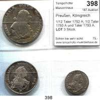 Deutsche Münzen und Medaillen,Preußen, Königreich L O T S     L O T S     L O T S 1/12 Taler 1752 A; 1/2 Taler 1750 A und Taler 1793 A.  LOT. 3 Stück.