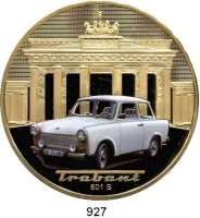 Deutsche Demokratische Republik,M E D A I L L E N  50 Jahre Trabant 601.  Klappetui mit 5 vergoldeten Kupfermedaillen mit Farbdruck (1x 40 mm und 4x 70 mm, alle Motivgleich).  