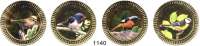M E D A I L L E N,Tiere / Tiermotive  Klappetui. mit 24 vergoldeten Kupfermedaillen mit Farbaufkleber 2020.  Europäische Singvögel.  33 mm.
