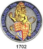 AUSLÄNDISCHE MÜNZEN,Großbritannien Elisabeth II. 1952 - 2022 5 Pfund 2016 (Silber, 2 Unzen, Farbmünze).  Lion of England.