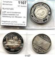 M E D A I L L E N,Numismatik  LOT. von 4 modernen Silbermedaillen mit Abbildung von Münzen.  2x 1 DM und 2x Mittelalter.  32 bis 40 mm.  Zusammen 72,77 Gramm.