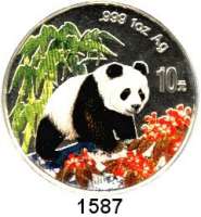 AUSLÄNDISCHE MÜNZEN,China Volksrepublik seit 1949 10 Yuan 1997 (Silberunze/ Farbmünze).  Panda nach rechts im Wald.  Schön 1003.  KM 996.  In Kapsel.