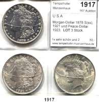 AUSLÄNDISCHE MÜNZEN,U S A L O T S     L O T S     L O T S Morgan-Dollar 1878 S(ss), 1921 und Peace-Dollar 1923.  LOT. 3 Stück.